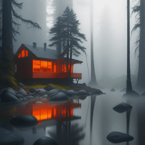 AI generated: abstract modern art bleeding colors reflections: misty rocky shoreline with redwoods. timy perched c...