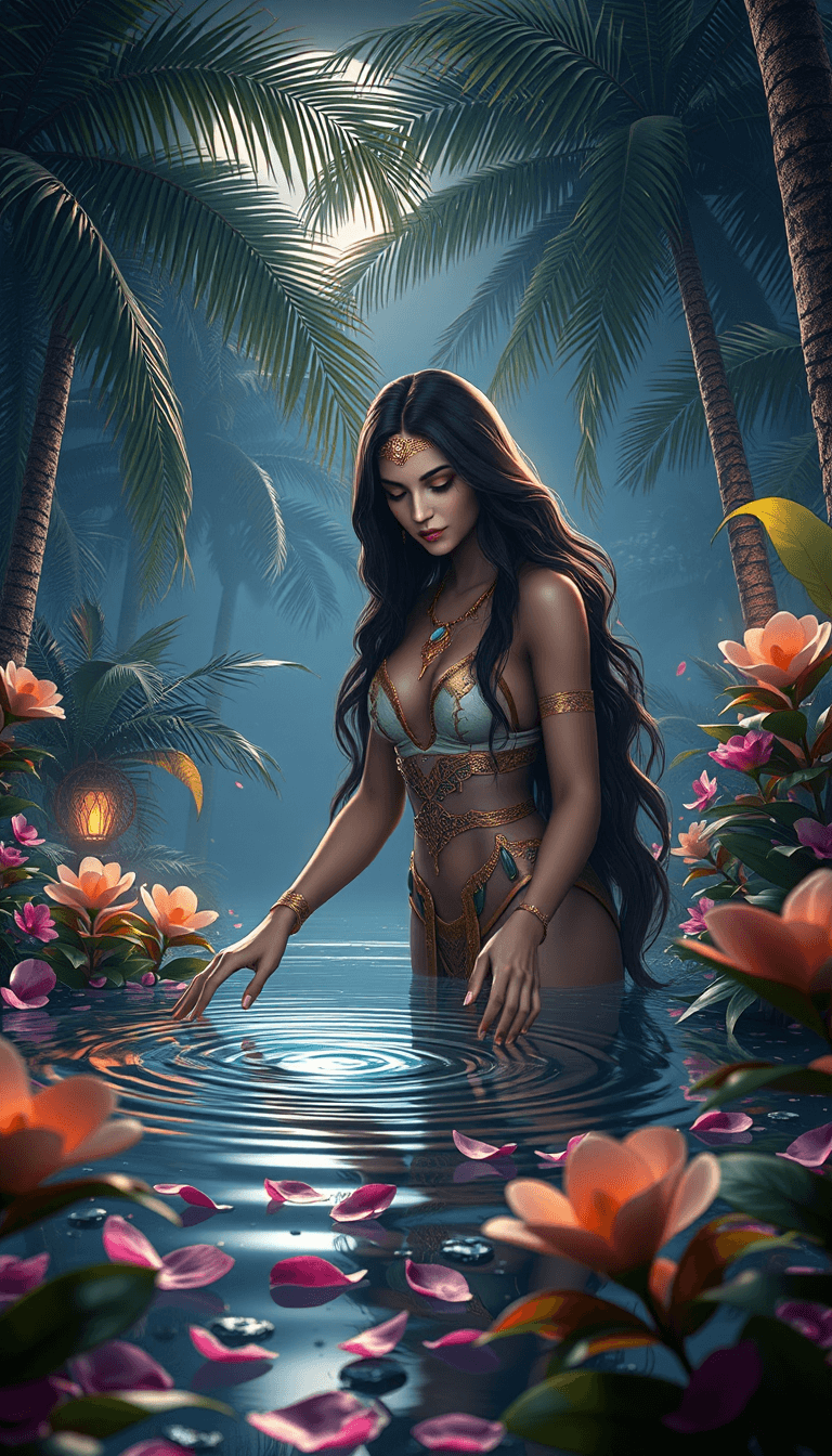 AI generated: an enchanting, mystical scene featuring Ishtar in a lush, moonlit oasis, surrounded by palm trees, f...