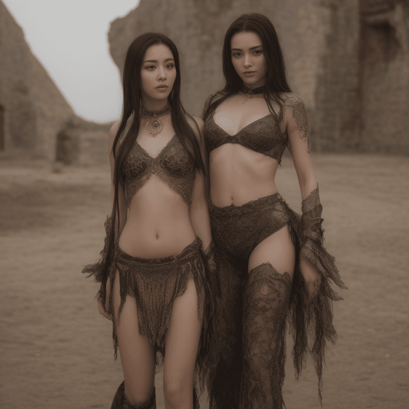 AI generated: Two beautiful, seductive Asian woman, hip length raven hair, intricately detail black and gold leath...
