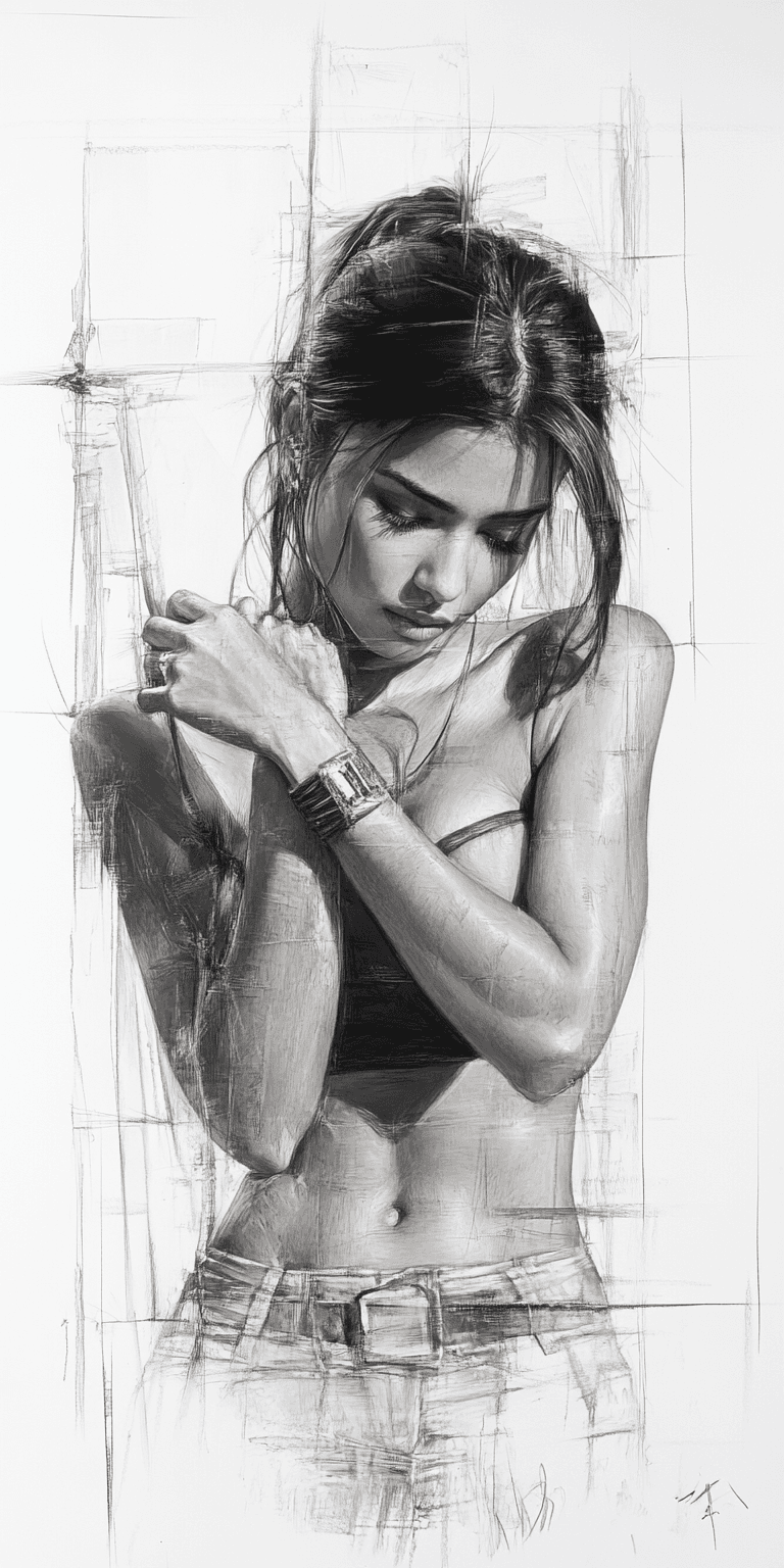 AI generated: Rough charcoal sketch on old paper, beautiful female figure, seductive pose, clean line art --chaos ...