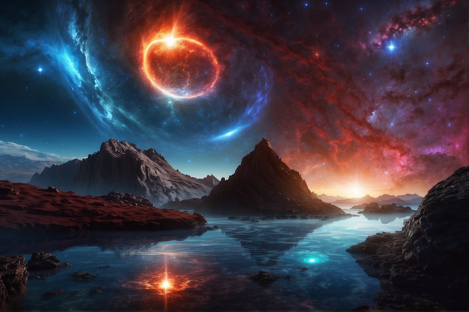 AI generated: This is a scene of a cosmic wonder, where two worlds collide in a dazzling display of light and powe...