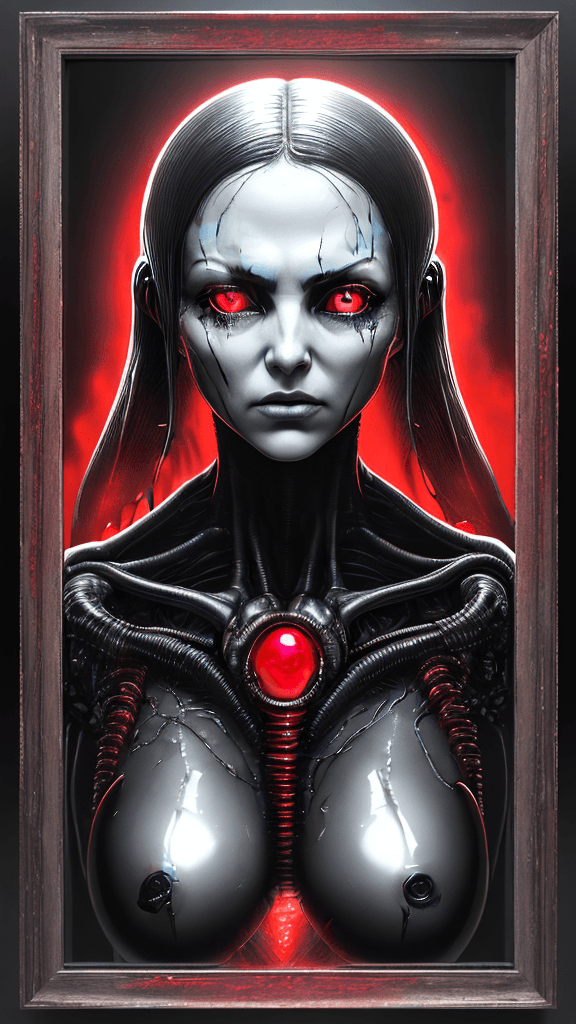 AI generated: ultra HD "complex-inducing ((Alien:2.1)) RFKTR-style headshot framed transparent ruby red in the sty...
