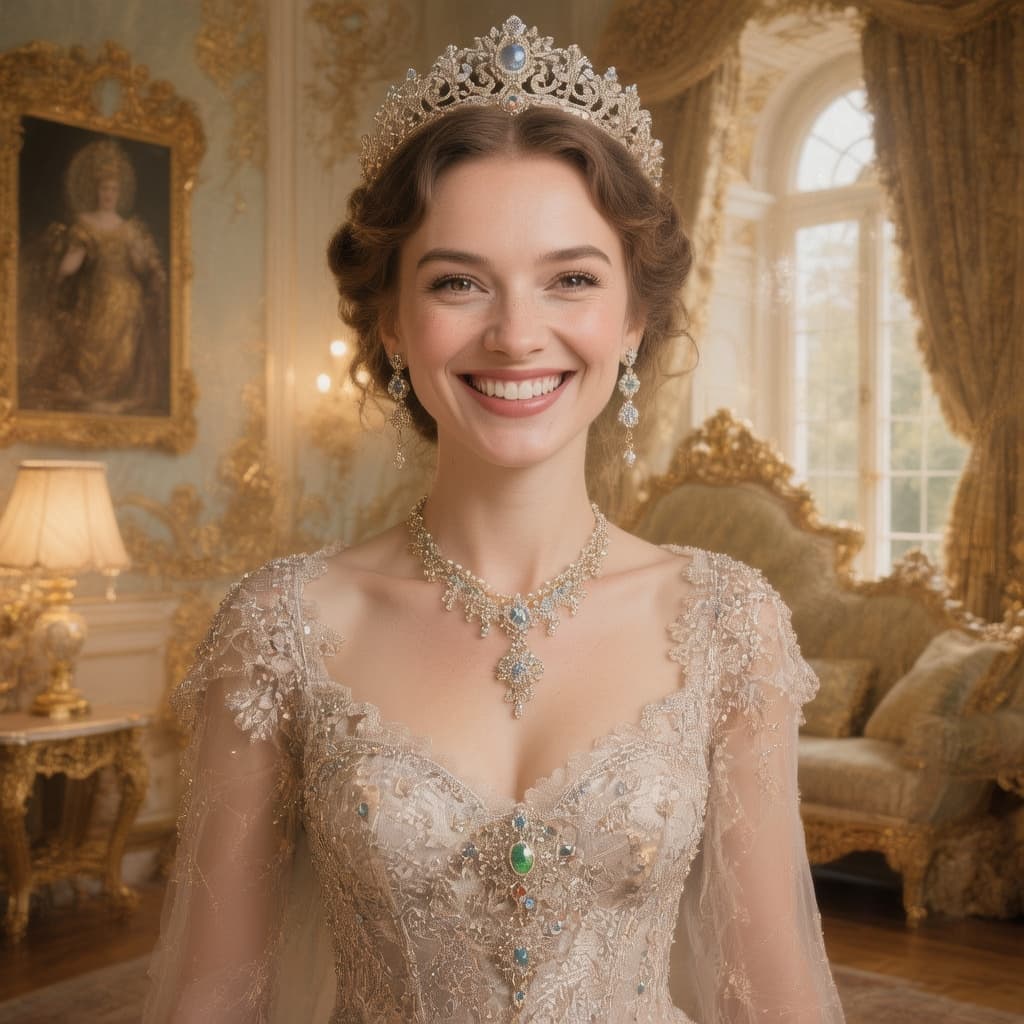 AI generated: ((best quality)),(masterpiece),(realism),highres,8k,radiant smile,magnificent queens room,elegant,be...