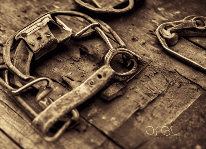 AI generated: Realistic rustic gritty photograph of old handcuffs, Extremely hyper, detailed,cinematography, Punkc...