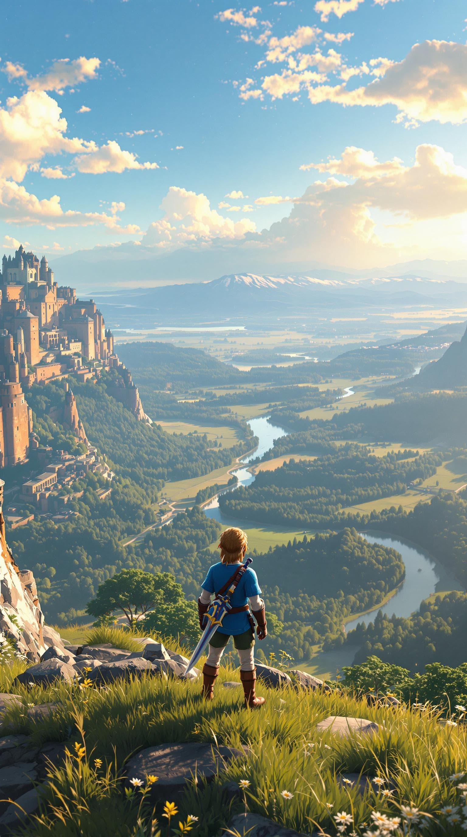 AI generated: "Create a hyper-realistic panoramic scene of Link standing on the Great Plateau from The Legend of Z...