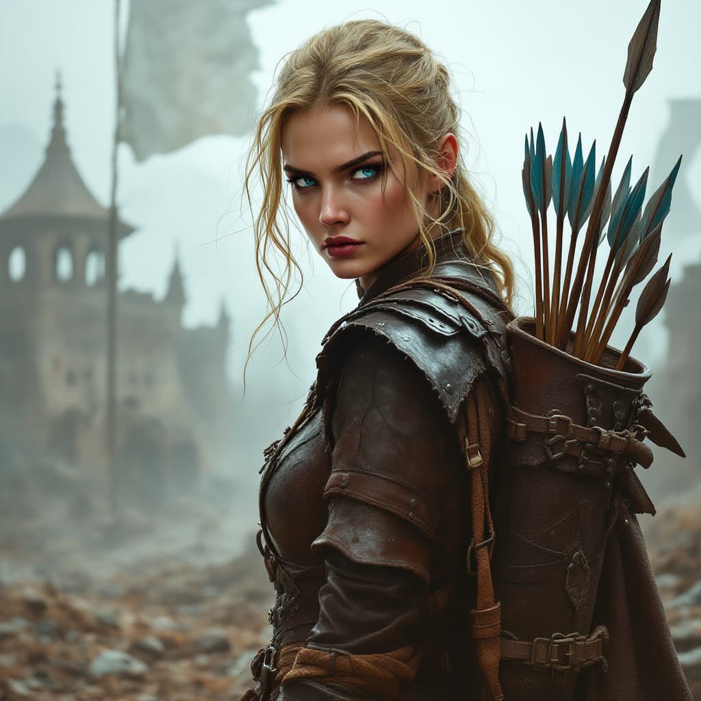 AI generated: A fierce blue eye and yellow hair, female warrior with a serious expression. She wears detailed leat...