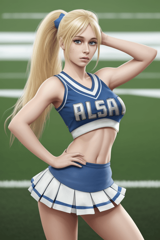AI generated: Realistic beautiful blonde girl Argentinian wearing ponytail wearing cheerleader outfit standing on ...