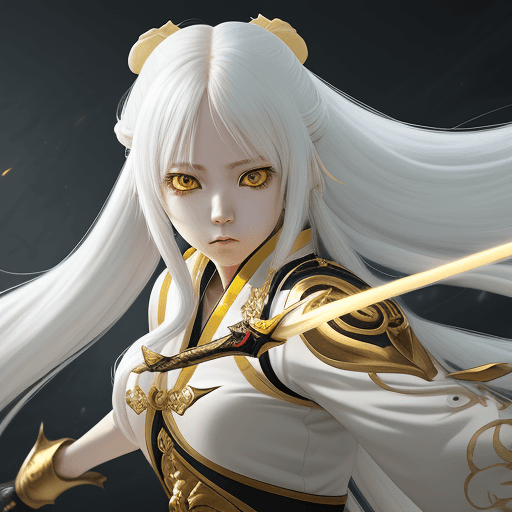 AI generated: anime,long white hair,golden white deatils,,a girl uses sword,yellow eye,genshin impact style, highl...