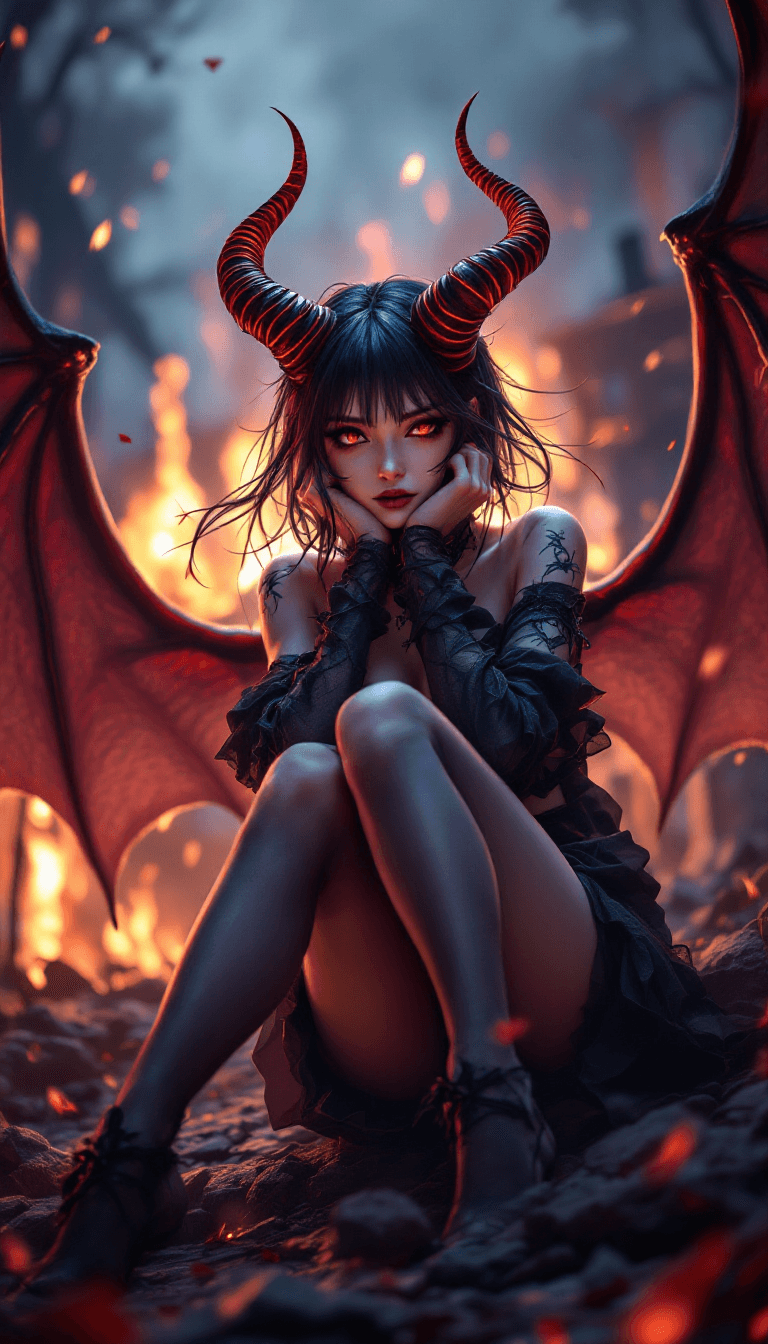 AI generated: An anime-style demon girl stands in the foreground, captured in an intense, **third-person low-angle...