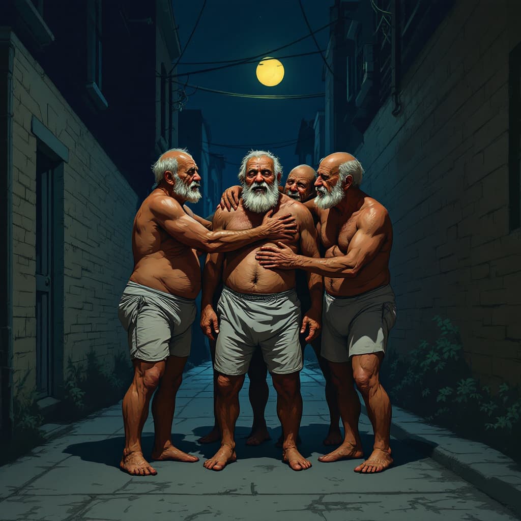 AI generated: five mature homeless people in old style underwear, hug a mature man in an alley at night