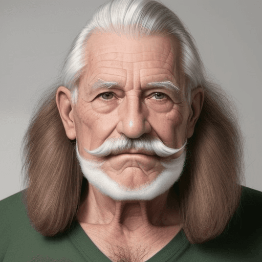 AI generated: foto realista de hombre de 70 años de frente cabello largo canoso con ropa de cuero sin barba ni big...