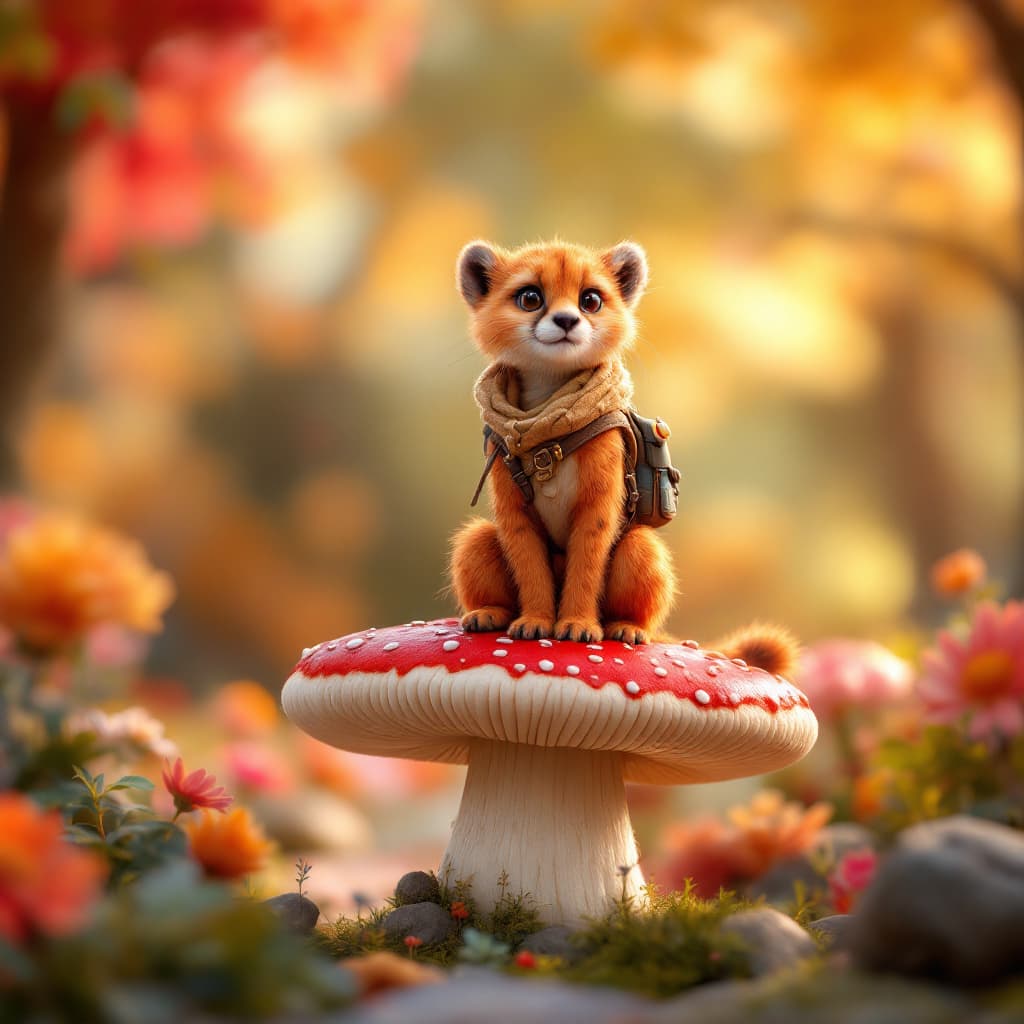AI generated: cute red cheetah on a whimsical mushroom, wearing tiny adventurer clothes, full body, volumetric lig...