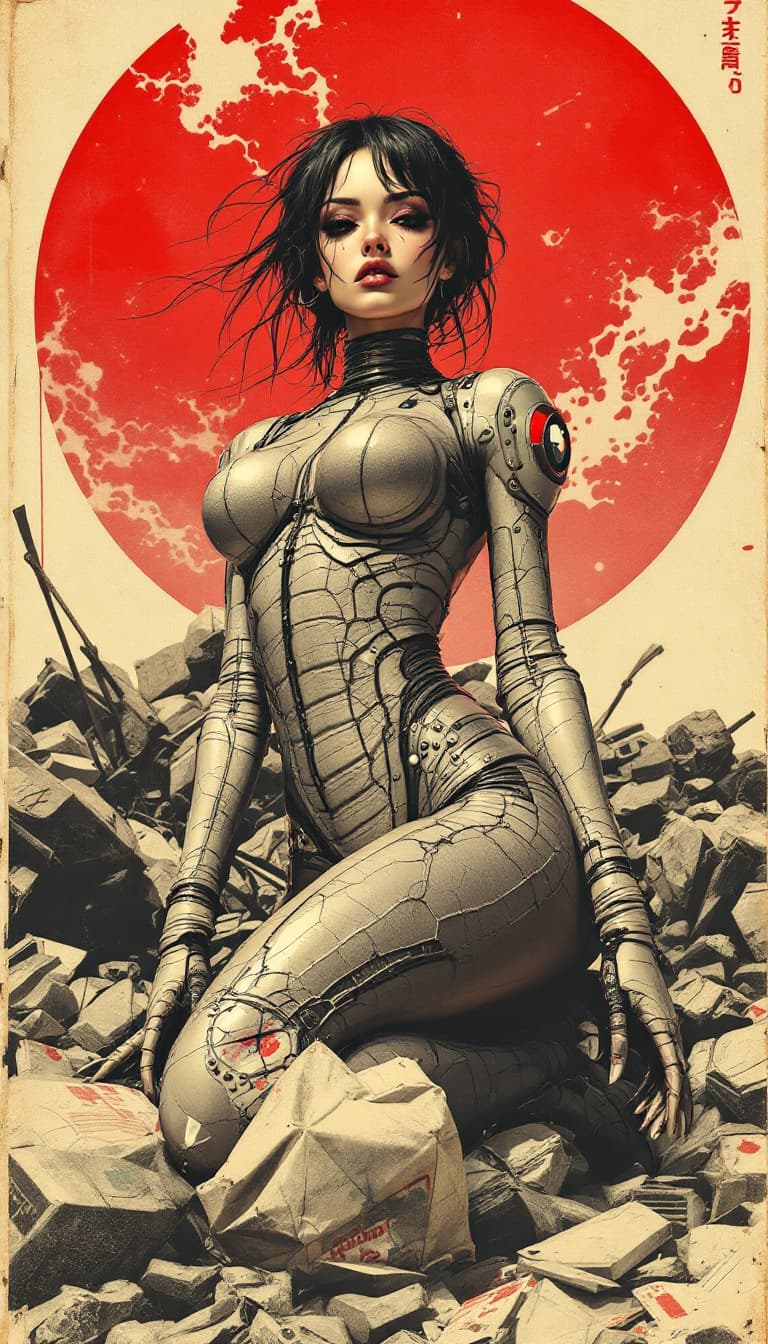 AI generated: Retro Japanese poster art illustration. Keep illustrative. Magnificent woman in a curve-hugging, bio...