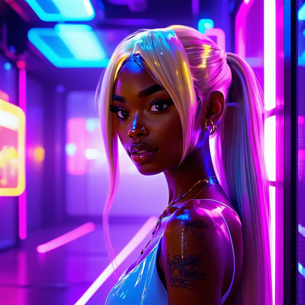 AI generated: Woman with brown skin, blonde hair and curvy, futuristic, neon purple lights, hourglass body, detail...