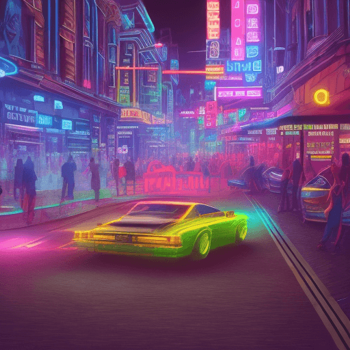 AI generated: Hyper realistic city multi-coloured neon lights streets cars night time busy people and a guy coming...