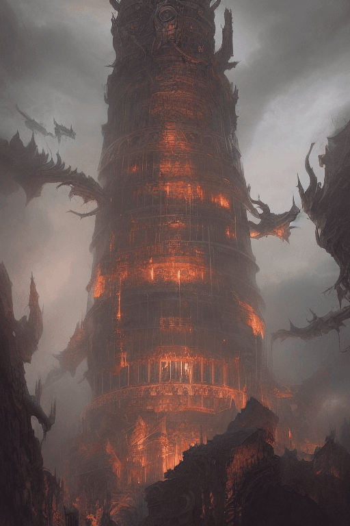 AI generated: Fantastic angle view of a Futuristic Hellgate Tower, dim, hell, underworld masterpiece, shadows, exp...