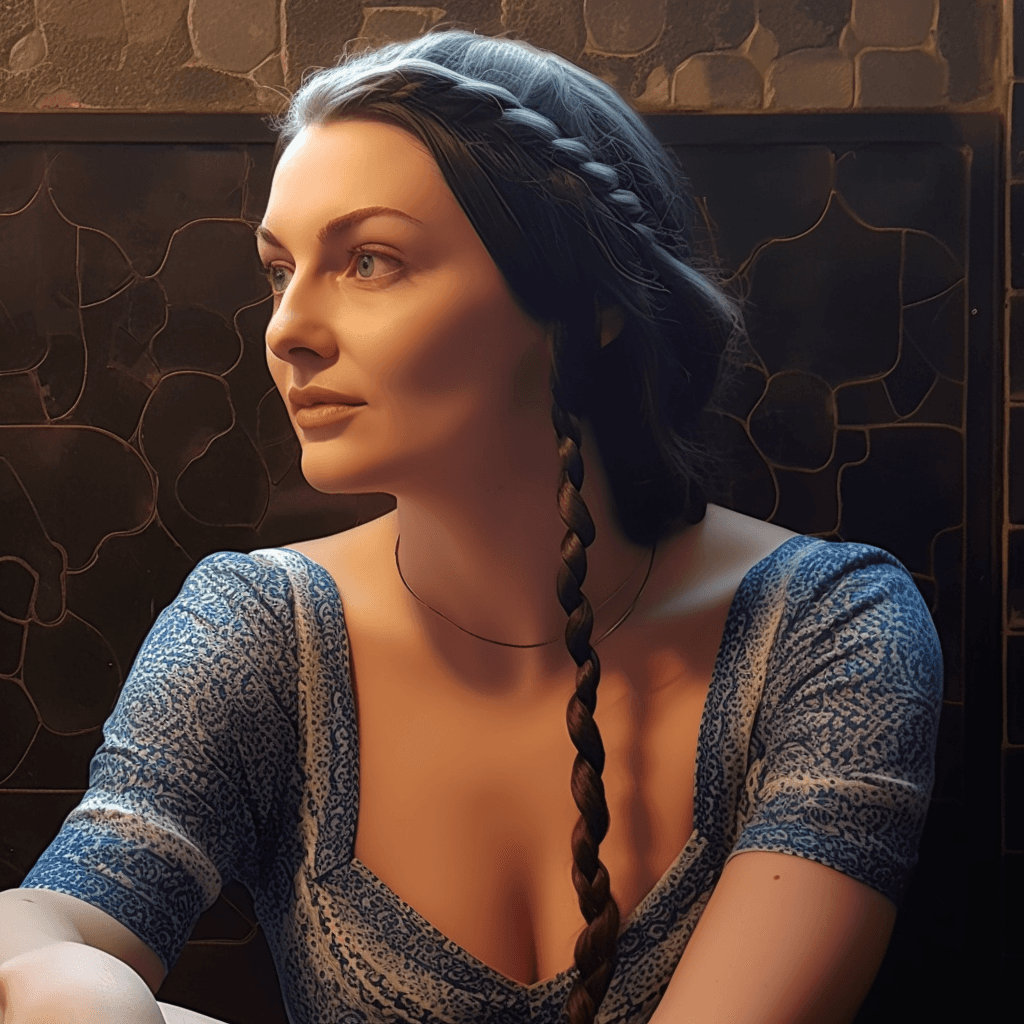AI generated: young lady,braided hair,dressed in ancient rich blue costume,natural light,natural features,photorea...