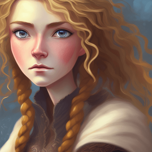 AI generated: A fantasy Anime style painting portrait of female hobbit art character with curly blond messy hair, ...