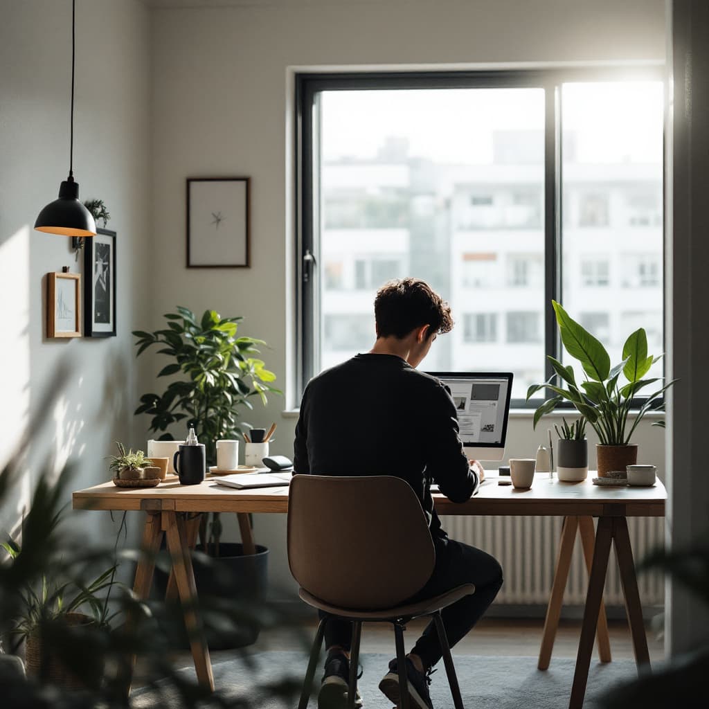 AI generated: modern, minimalist workspace, focused designer korea hansome young man silhouete at a woodstyle desk...