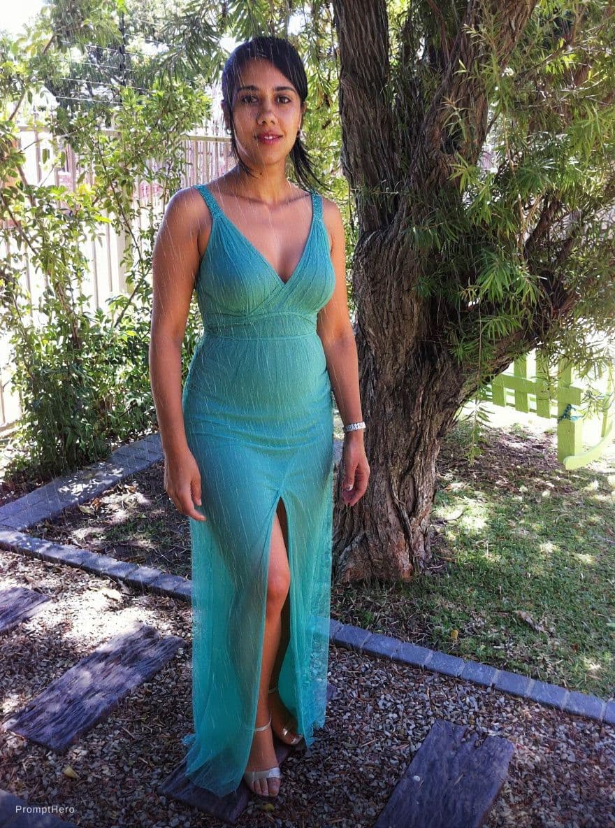 AI generated: i want to see myself wearing  shear chiffon gown with  a high thigh slit and very deep vcut.
it is r...