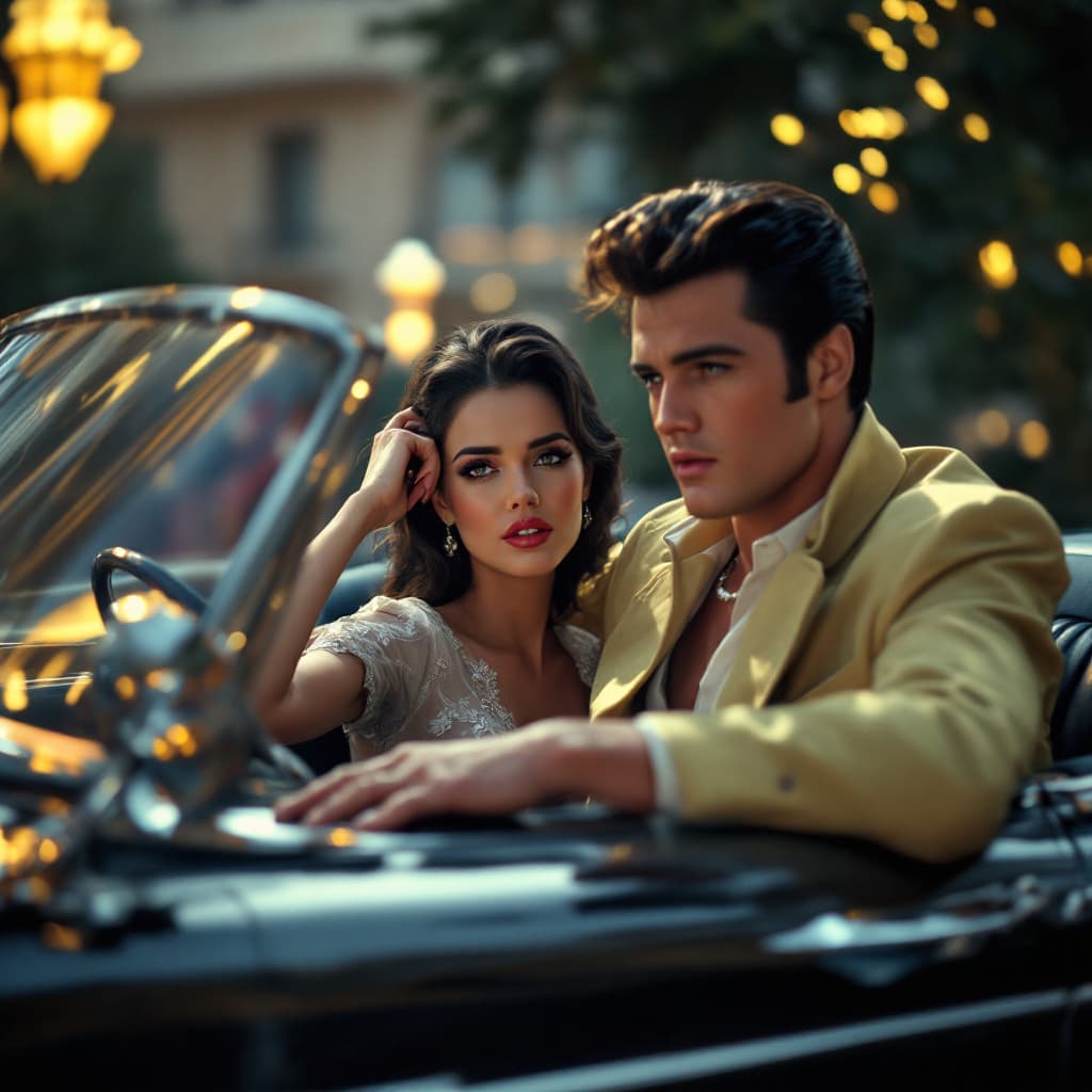 AI generated: Elvis Presley a scene in a retro  movie,,1955 th style,epic  scene,intricate details,dynamic lights,...