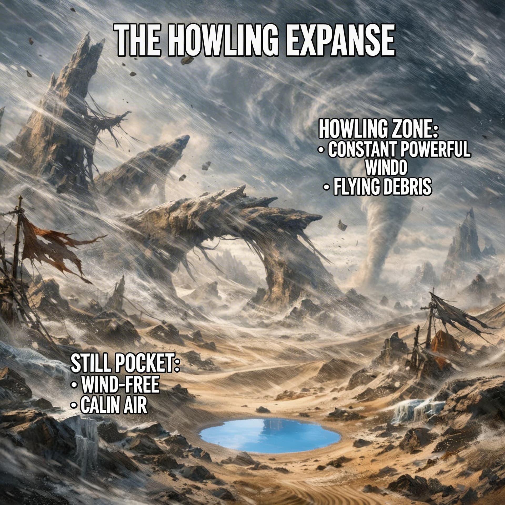 AI generated: Create a unique environment/Biome of a Wind → The Howling Expanse (constant powerful winds and pocke...