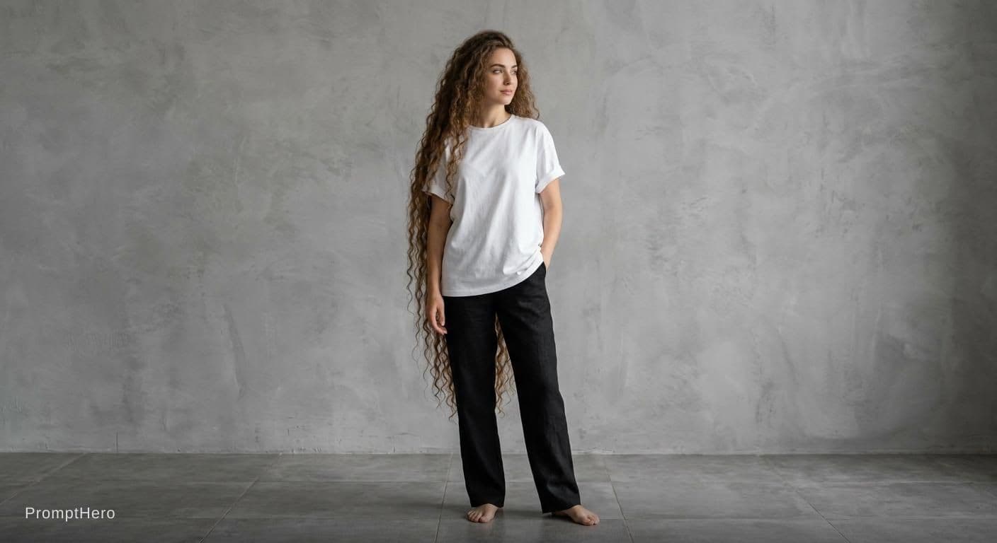 AI generated: Beautiful model full heigh with white free size t-shirt and green Jade eyes, extra long super curly ...