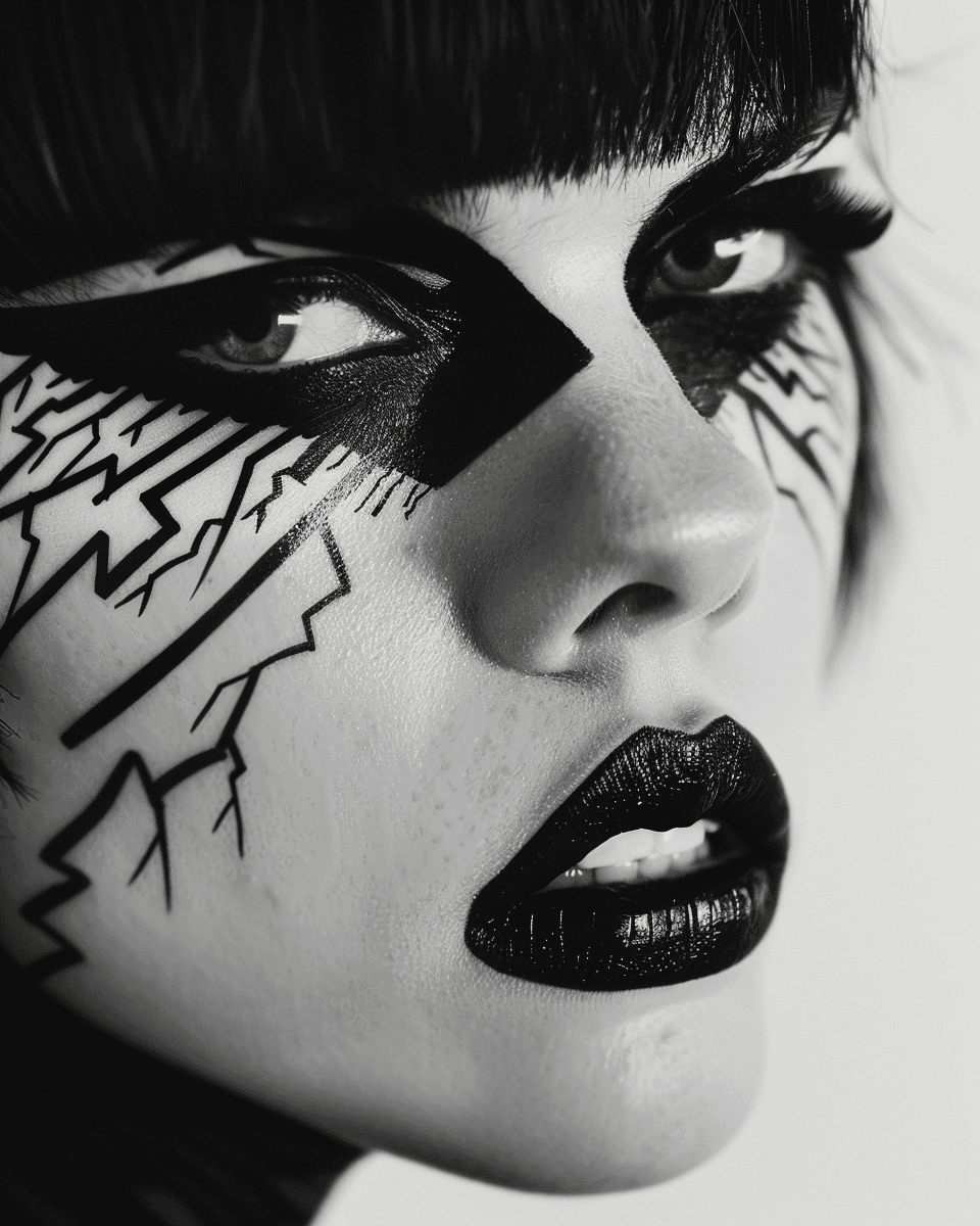 AI generated: Black and white photo of a cyberpunk woman with painted on black circuit lines over her eyes. On the...