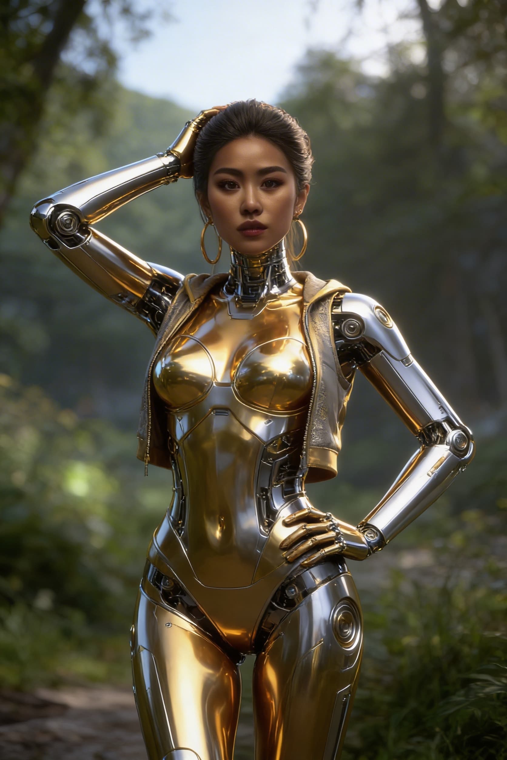 AI generated: Be inspired and create from reference. a golden-silver being, powerful, loving. From flesh to sleek ...