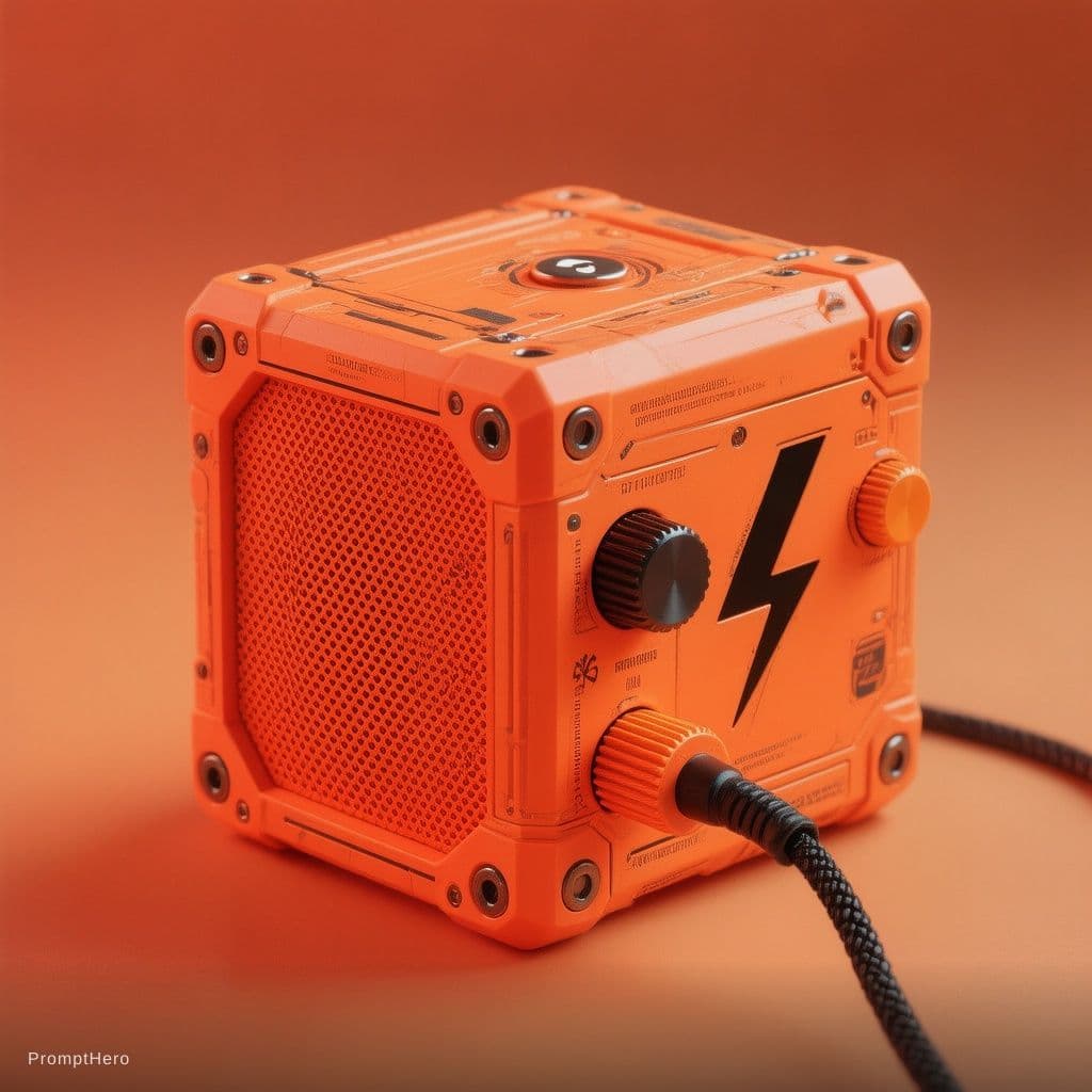 AI generated: A futuristic, minimalist cube-shaped speaker in vibrant fluorescent orange, featuring a perforated s...