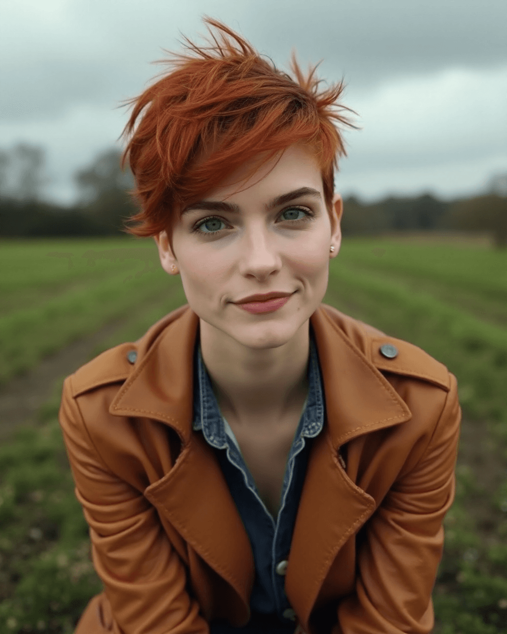 AI generated: camera angle bottom to heigh, long shot, woman look down to the camera, honey eye, cloudy sky, woman...