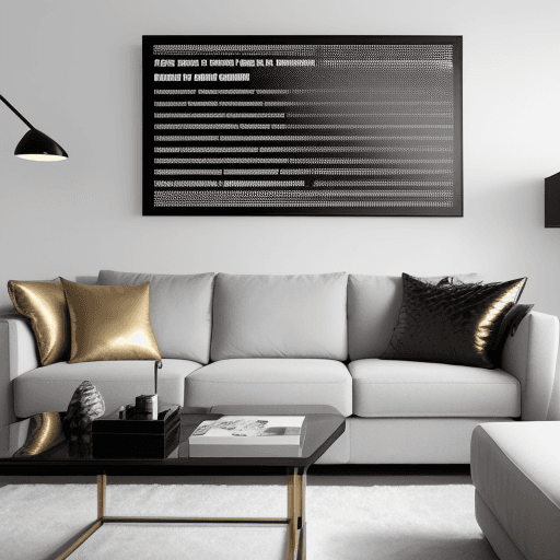 AI generated: A modern, stylish living room with a large, laser-cut metallic text 'Shit Happens' mounted on the wa...