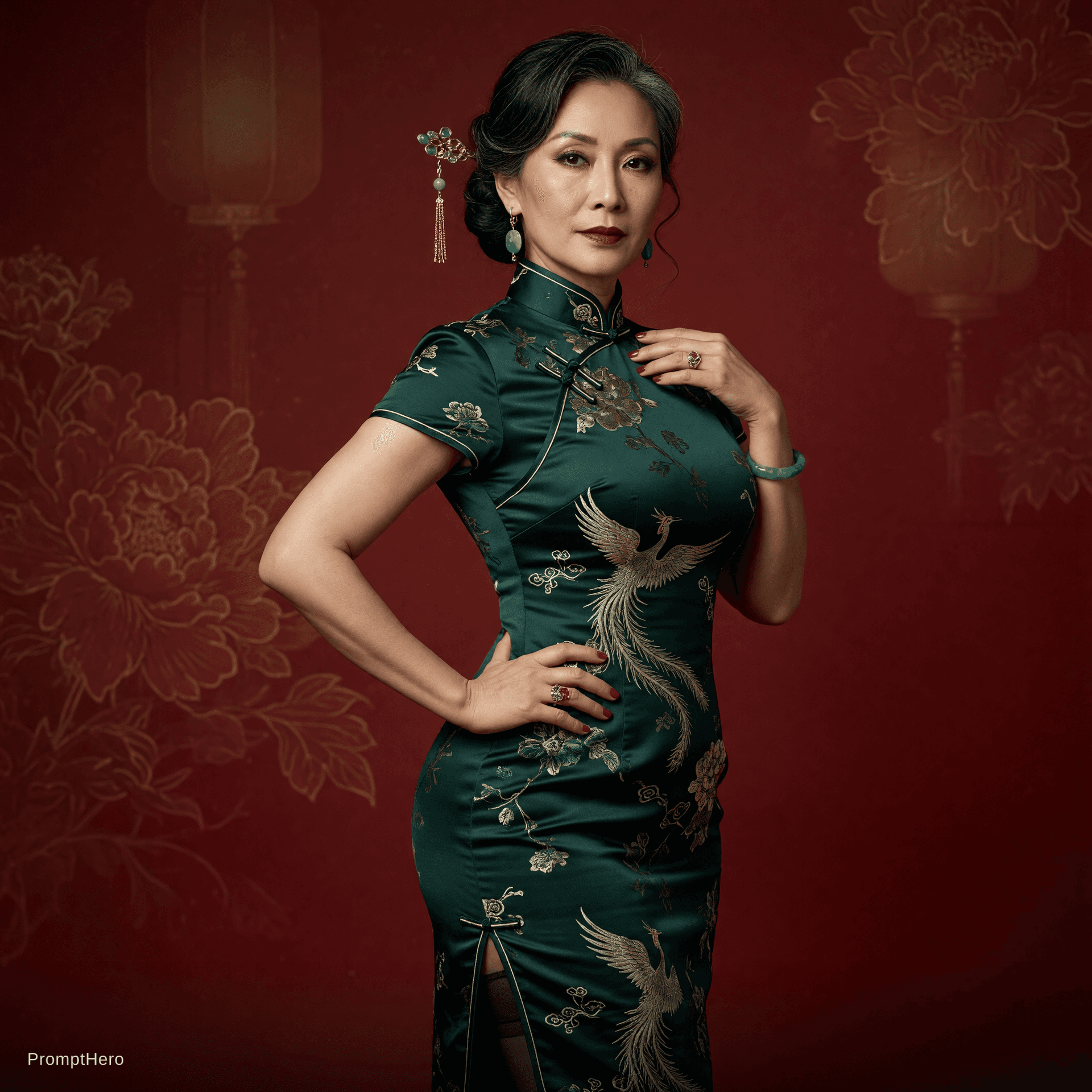 AI generated: Asian woman with hourglass figure and huge breasts with small but mature face wearing a tight fitted...