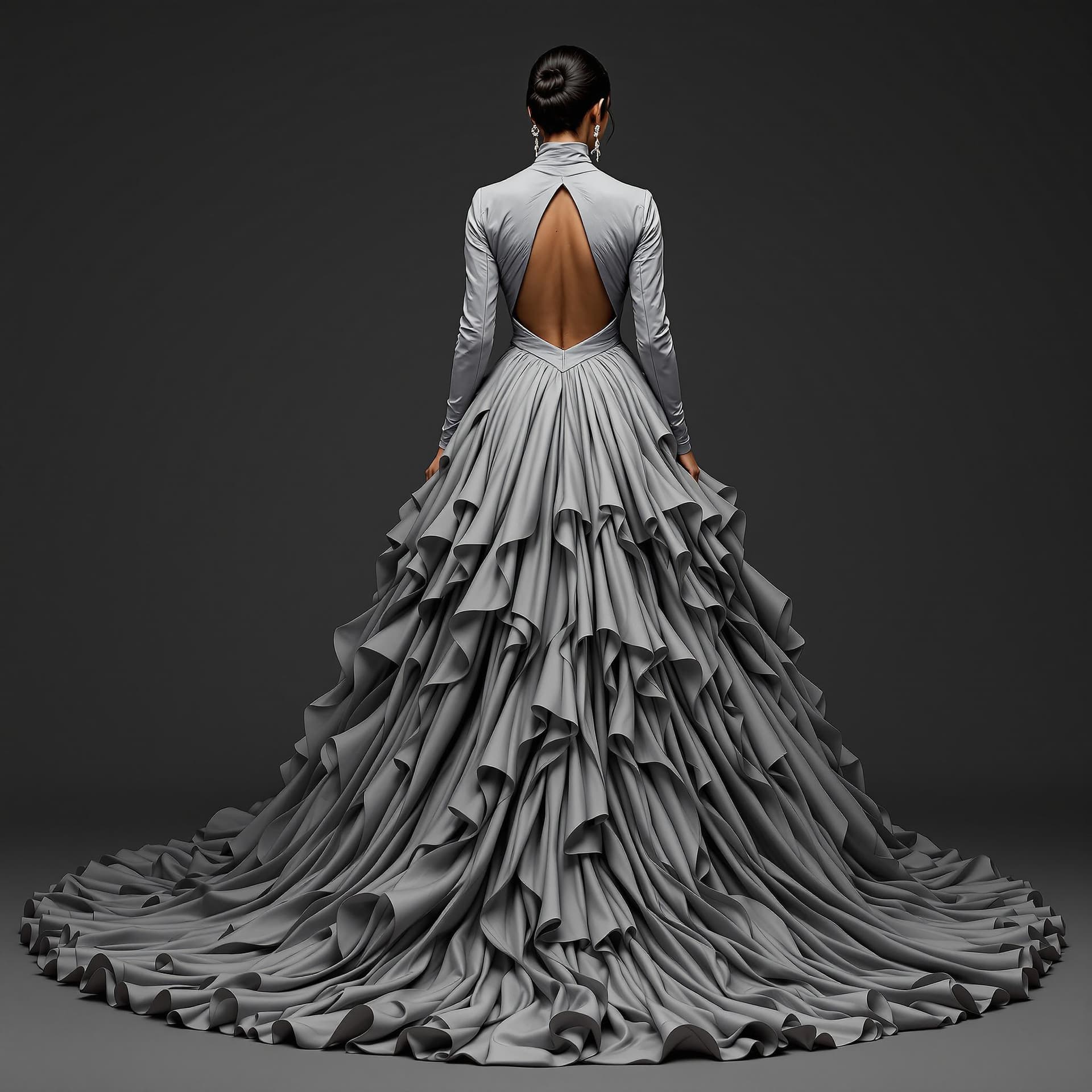 AI generated: The image is a full-length portrait of an Indian woman in a flowing grey dress. The dress features a...