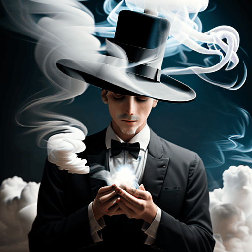 AI generated: Magician holding a hat that is emitting white rising smoke
