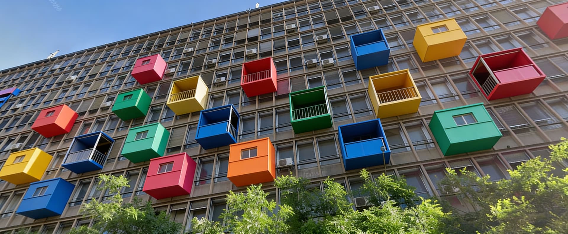 AI generated: Add colourful boxes of various sizes and colours that hang  out of the facade of this building that ...
