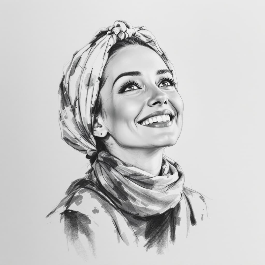 AI generated: Attractive woman, 30s, charcoal sketch, expressive, looking slightly up, wearing a little scarf on h...