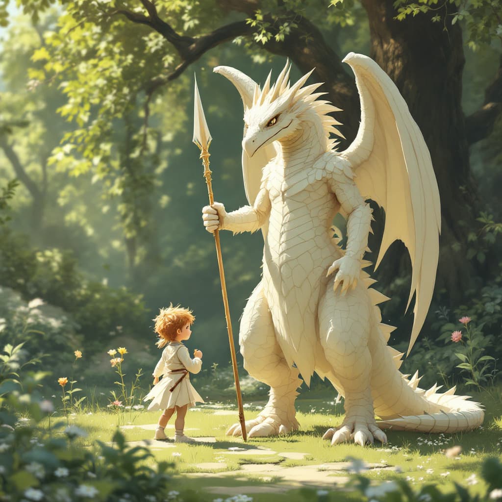 AI generated: A young hero, still a child, training in a peaceful natural environment with a draconian creature. T...