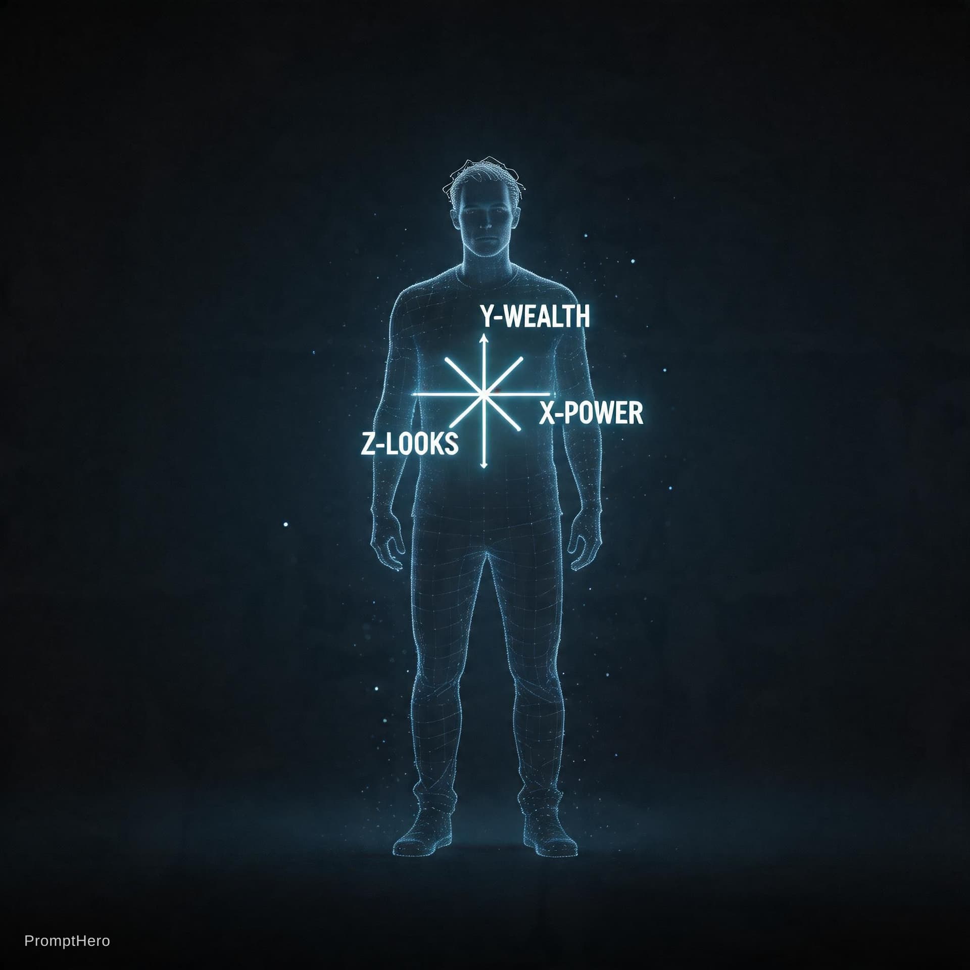 AI generated: Cinematic shot, deep charcoal blue background, a solitary male silhouette made of faint glowing wire...