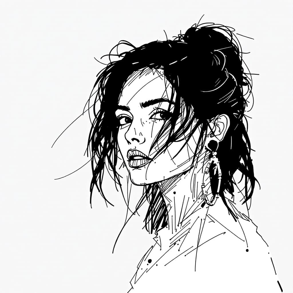 AI generated: Black and white sketch of a Spanish woman --chaos 75 --ar 1:2 --style raw --profile rsy6uq9 --styliz...