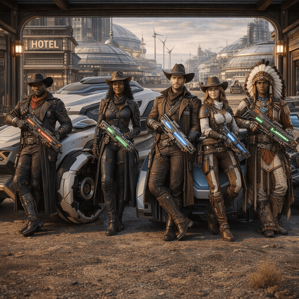 AI generated: Create an image of four futuristic, but different-looking, Human Cowboys and Cowgirls, Black Cowboys...