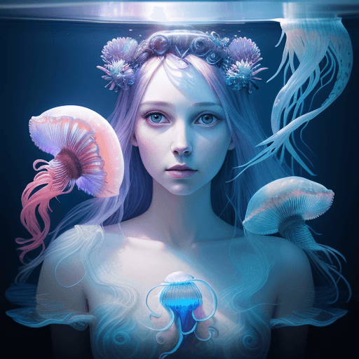 AI generated: Goddess portrait, jellyfish, betta fish, bioluminiscent creatures, hyper realism, high detail