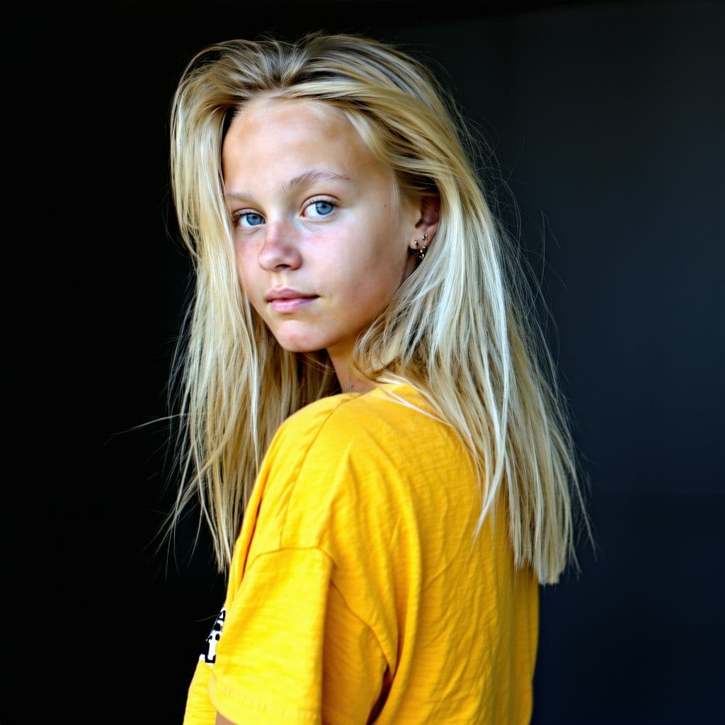 AI generated: blond girl in a yellow shirt is posing, soft, atmospheric lighting --chaos 33 --ar 1:2 --profile yru...