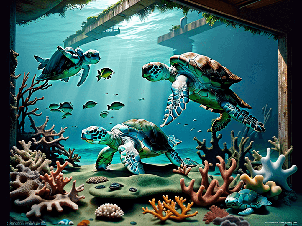 AI generated: Hyper realistic eye level diving photo of a baby happy green sea turtle overlooking the ocean, old w...