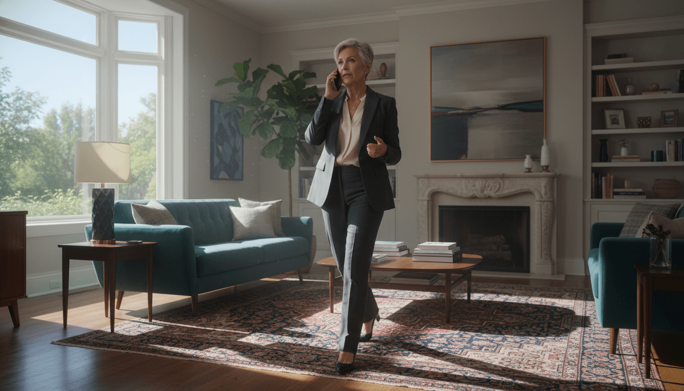 AI generated: Grayed hair lesbian woman, elegantly dressed, she is in her living room on a phone call. Day light c...