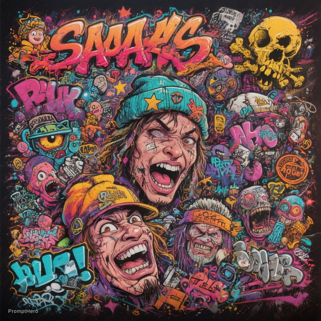 AI generated: An intricate and colorful graffiti-style poster featuring various elements, such as cartoon characte...