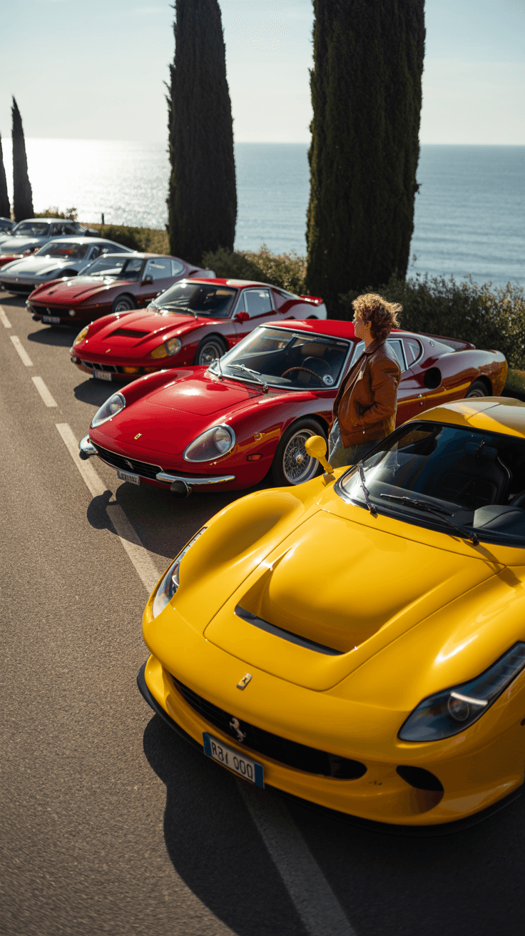 AI generated: A lineup of iconic Ferrari models parked along a sunlit coastal road in Italy. The cars include a vi...