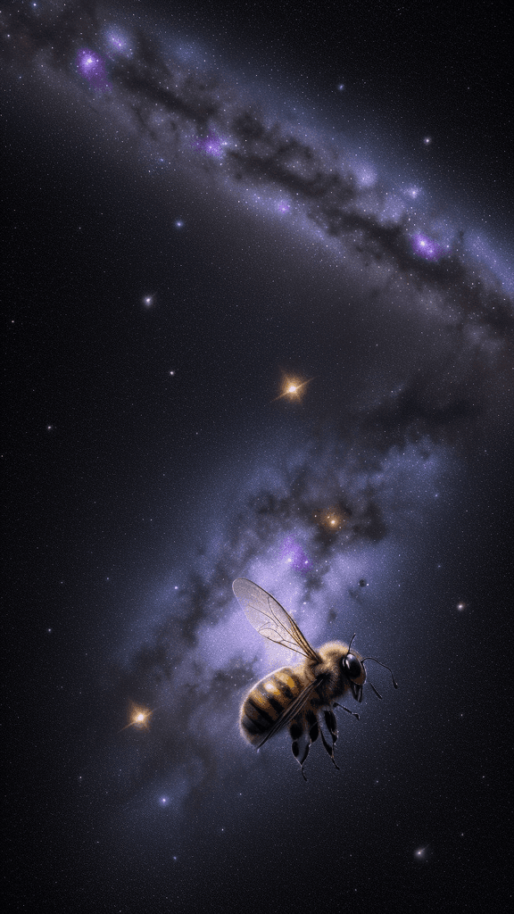 AI generated: {A honeybee floats in the darkness of space, its wings buzzing softly. The bee is surrounded by star...