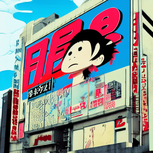 AI generated: perfume ad, billboard sign, 90s, anime, japanese pop, japanese words, in the style of Jamie Hewlett,...