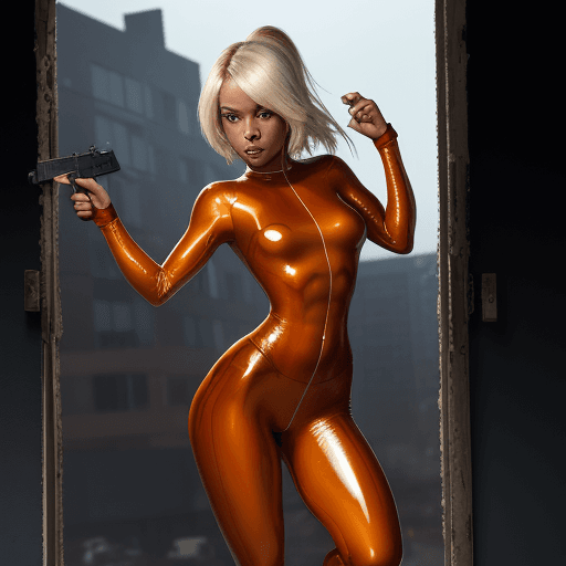 AI generated: fire bokah background. front view, gun pointed at 3rd person, GLOCK 38, gun firing, jumping up for t...